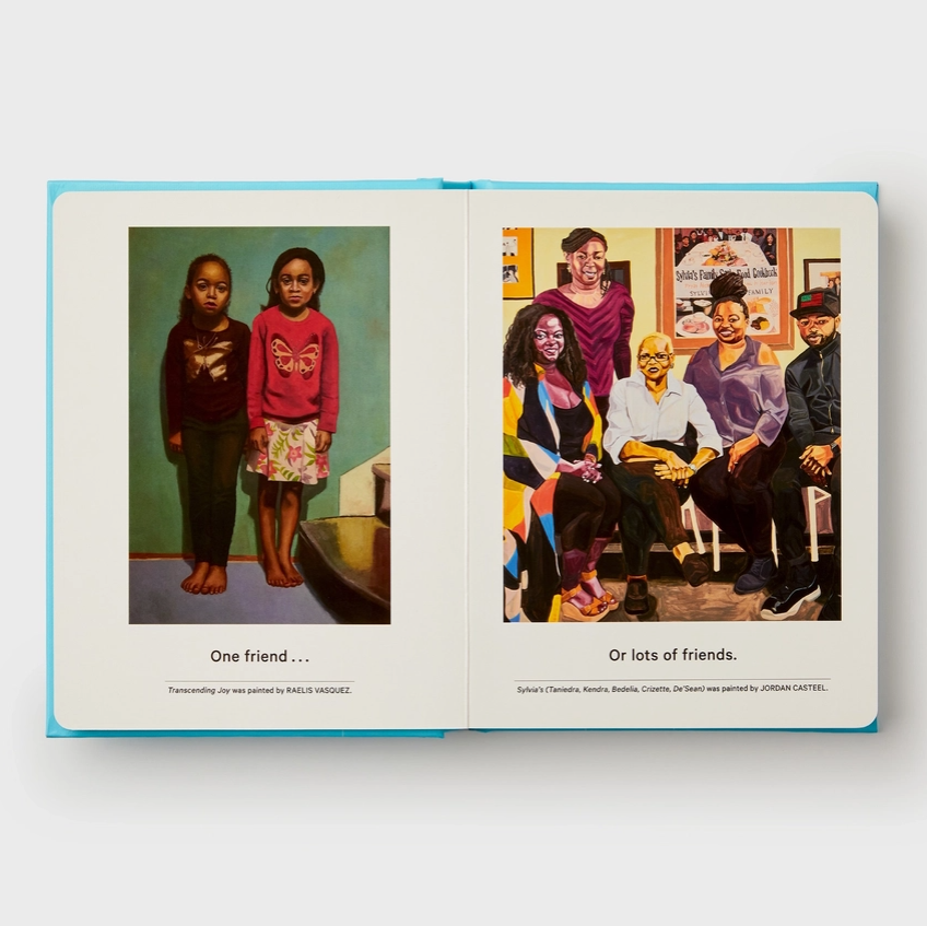 Open book showing two portraits of people on a white background