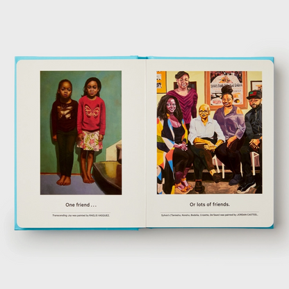Open book showing two portraits of people on a white background