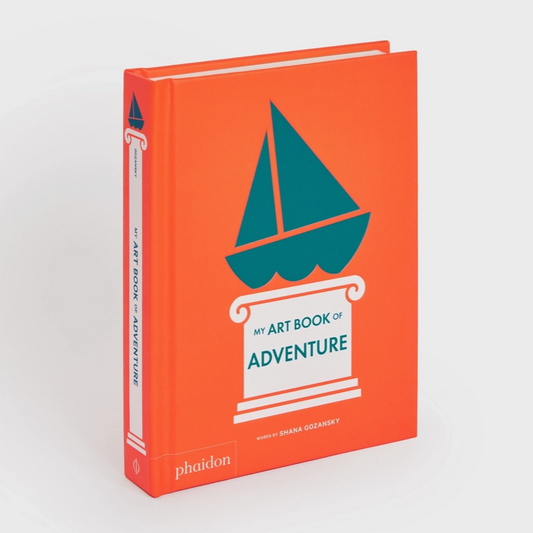 Book titled 'My Art Book of Adventure' with a sailboat illustration on an orange cover.
