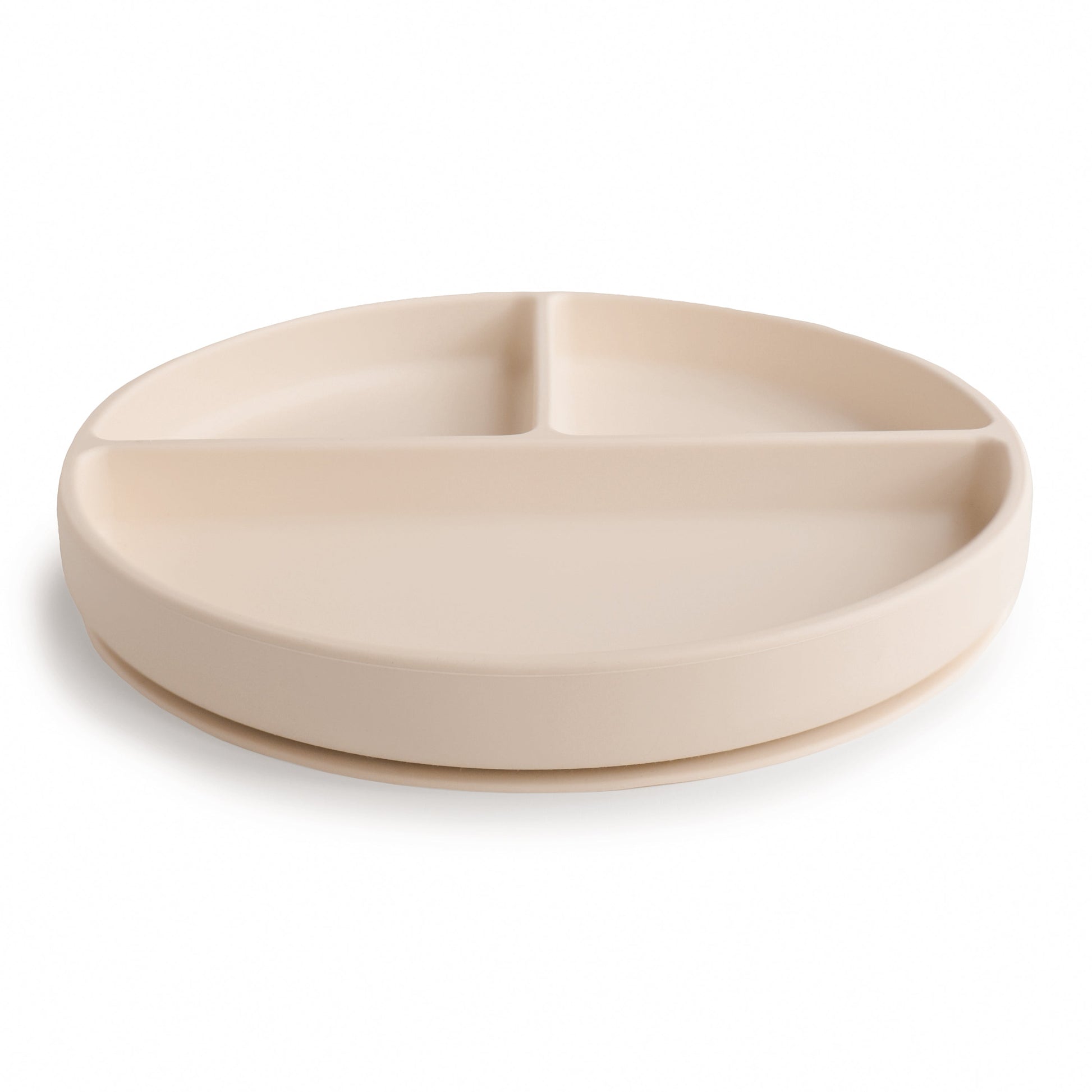 Beige ceramic plate with three sections on a white background