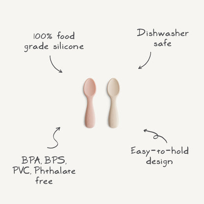 Two silicone spoons with text highlighting features on a white background
