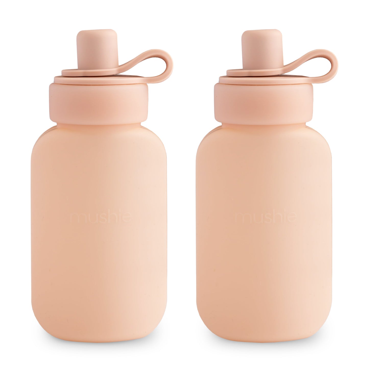 Two peach-colored water bottles with pink lids on a white background