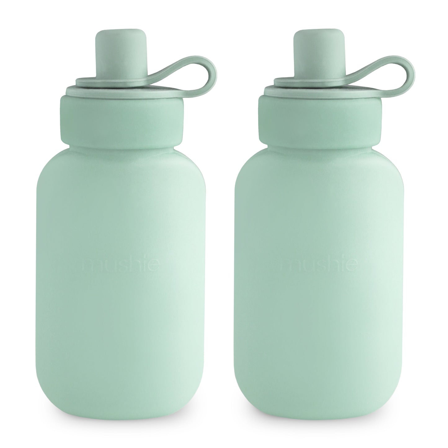 Two light green water bottles with screw-on caps on a white background