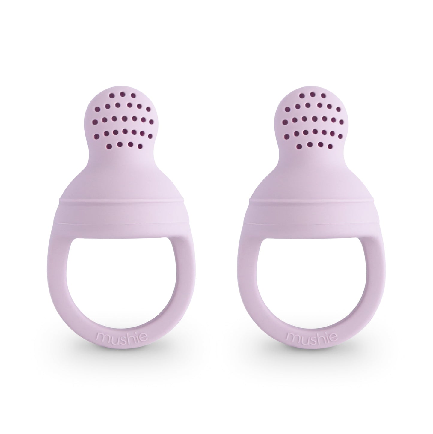 Two purple silicone teething rings on a white background