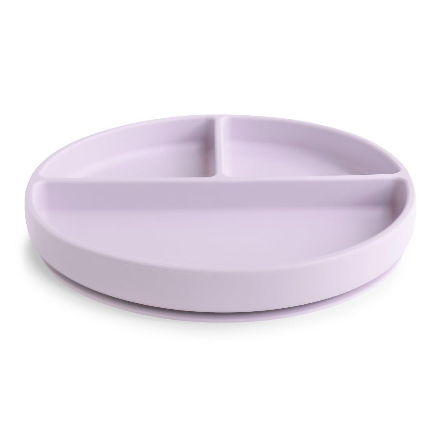 Purple silicone plate with divided sections on a white background