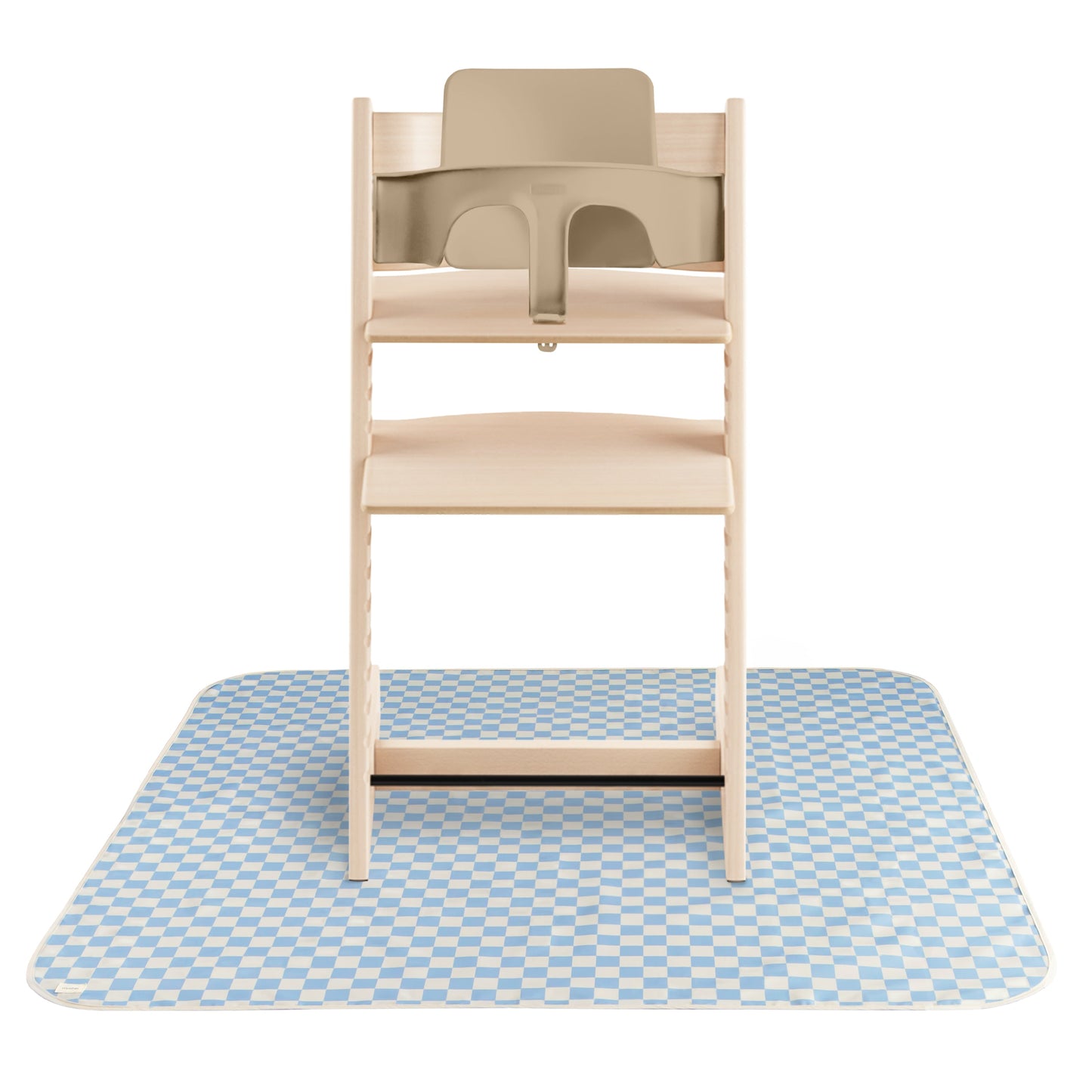 Wooden high chair with beige tray on a blue checkered mat