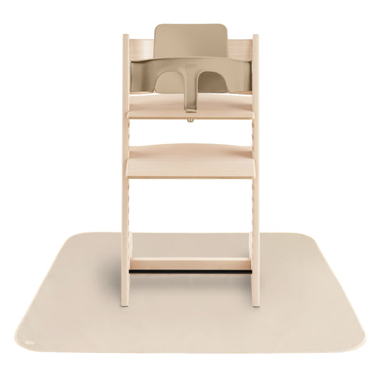 Wooden high chair with beige cushion on a white background