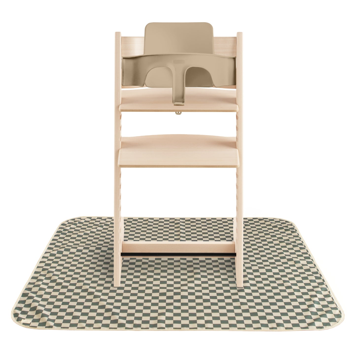 Wooden high chair with beige seat on a checkered mat