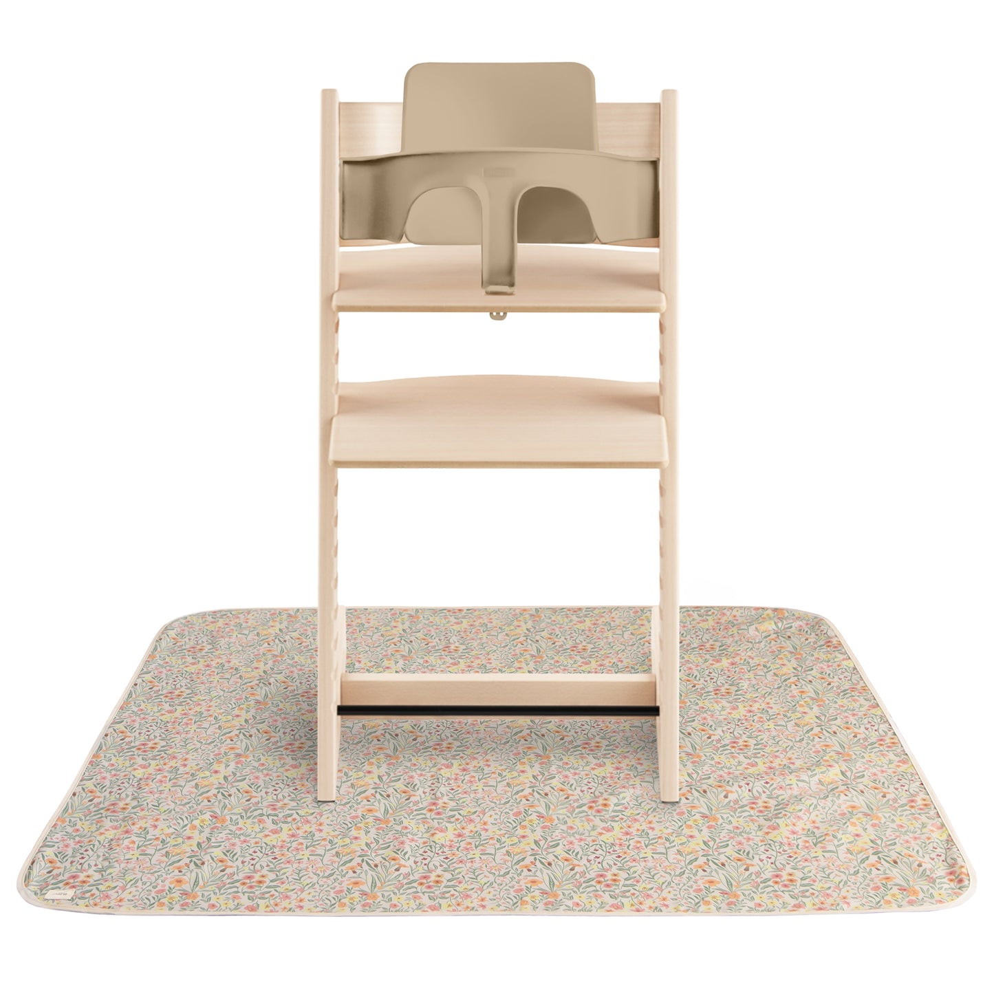 Beige high chair with a matching mat on a white background