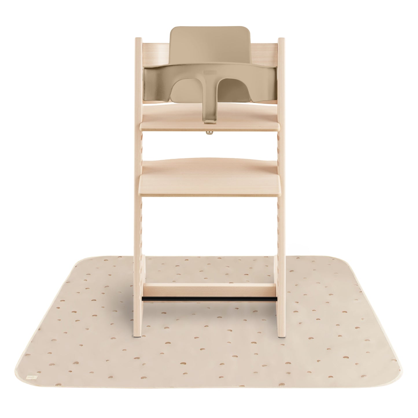 Wooden high chair with beige seat on a matching mat against a white background