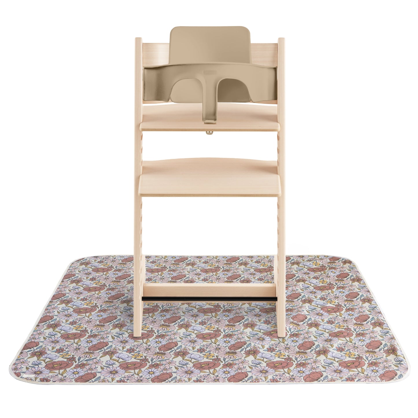 Wooden high chair with a floral-patterned mat on a white background