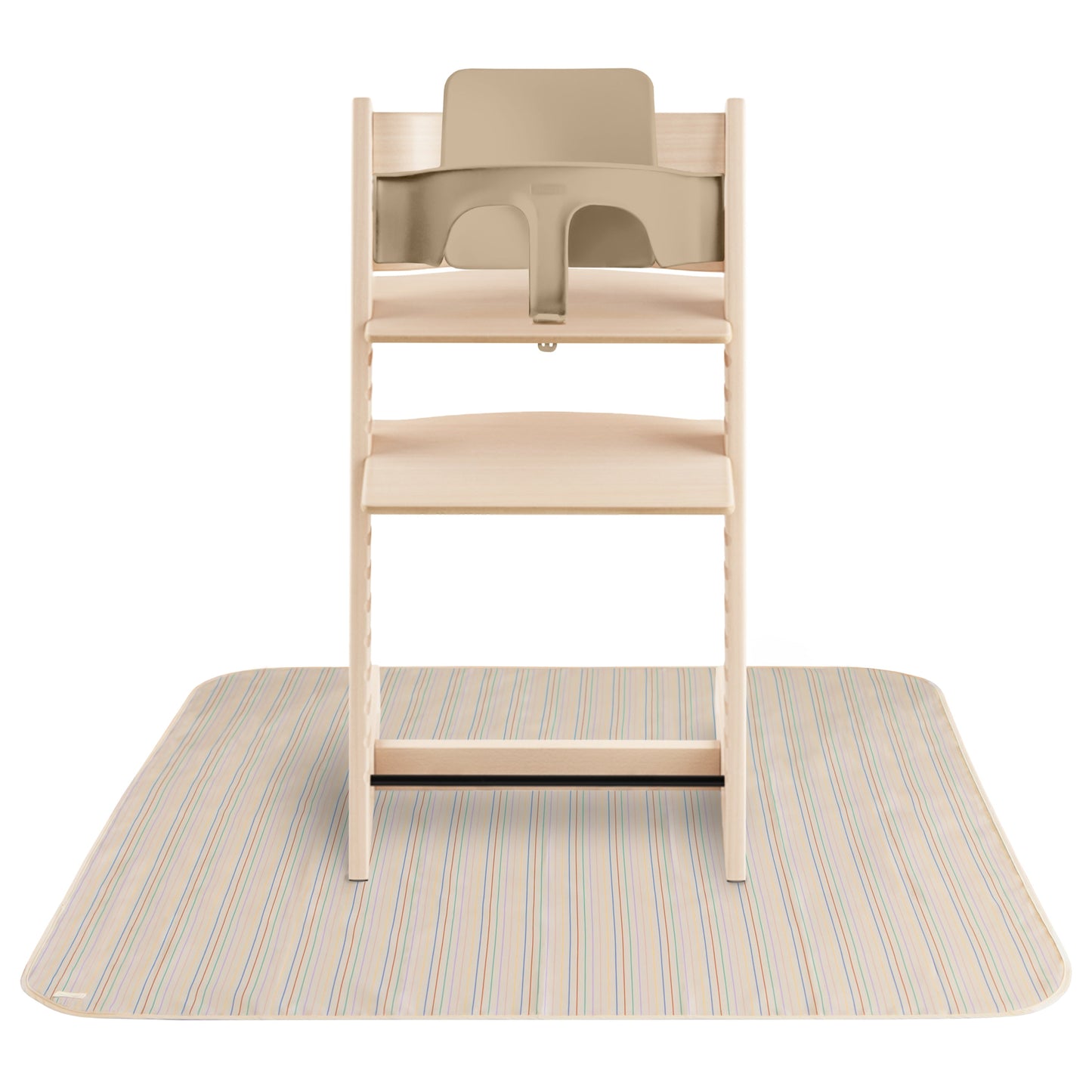 Wooden high chair with beige tray on a striped mat