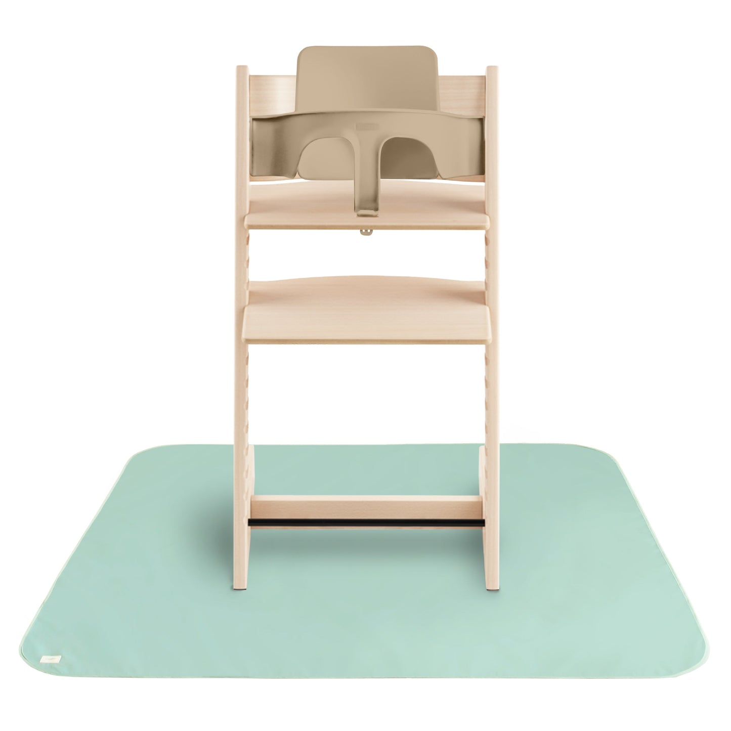 Wooden high chair with beige seat on a white background