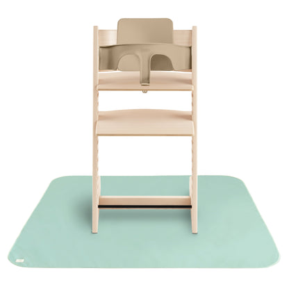 Wooden high chair with beige seat on a white background
