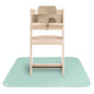 Wooden high chair with beige seat on a white background