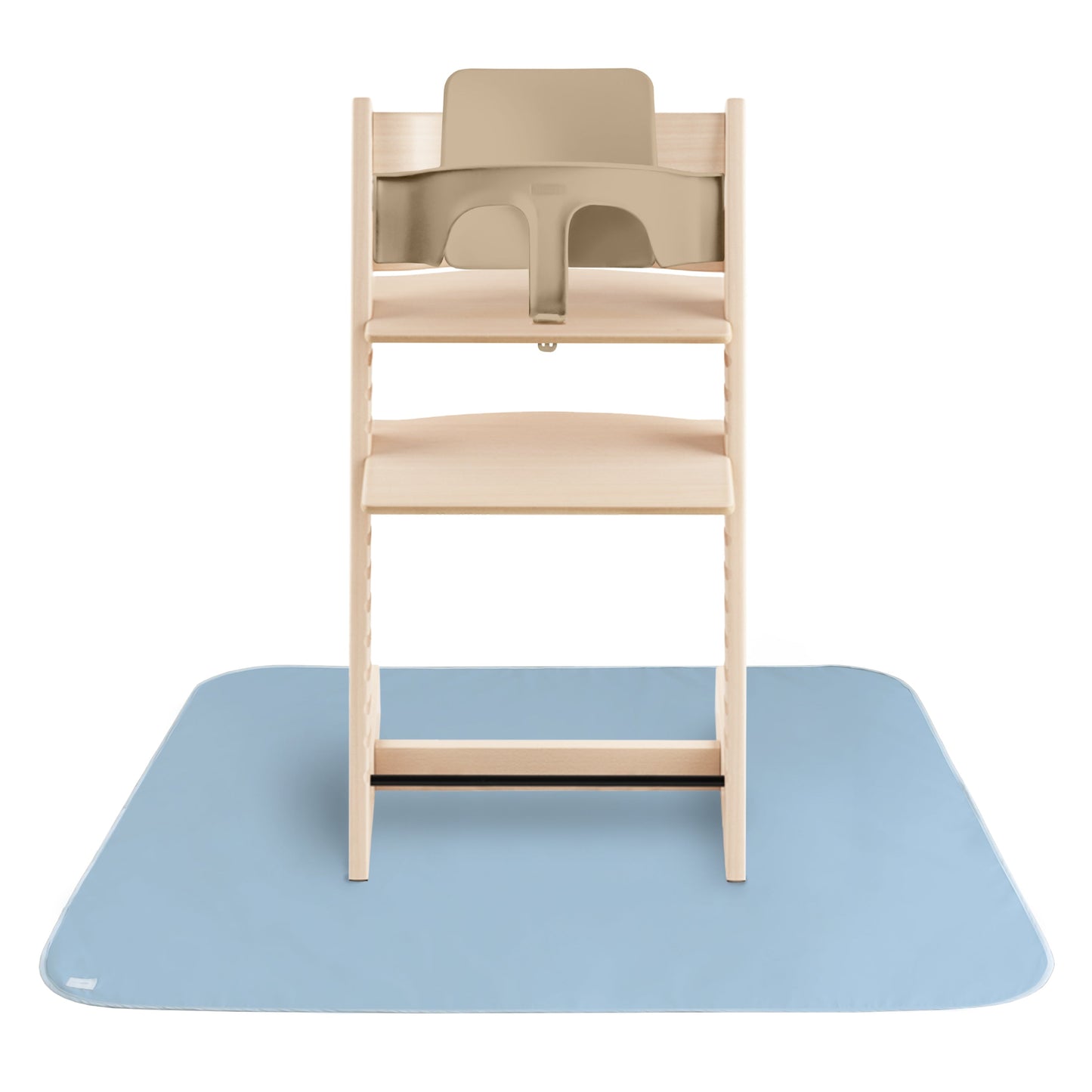 Wooden high chair with beige seat on a blue mat against a white background