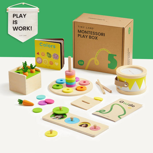 Montessori educational toys and materials on a white surface with a green background