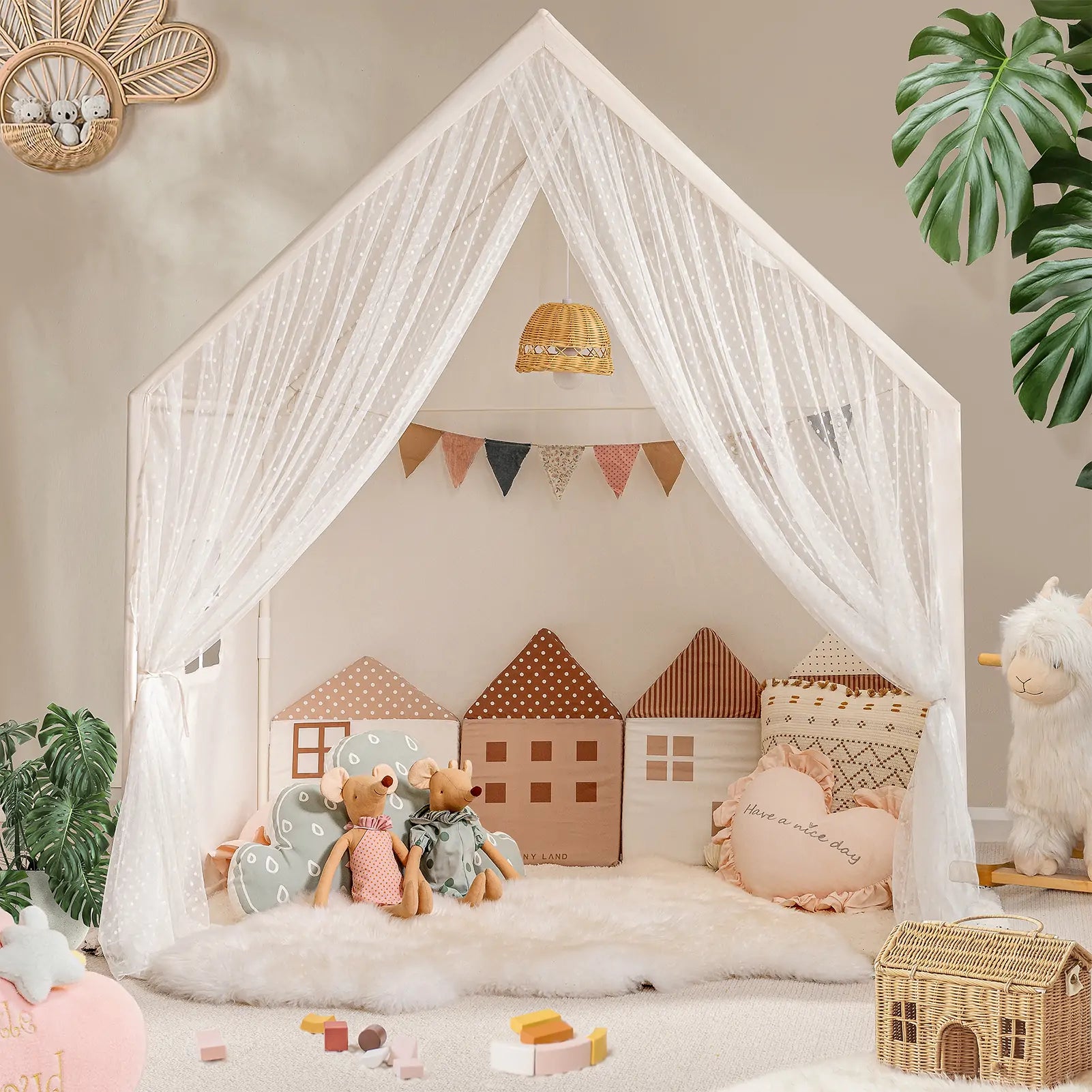 Children's room with a canopy bed, teddy bears, and decorative elements.