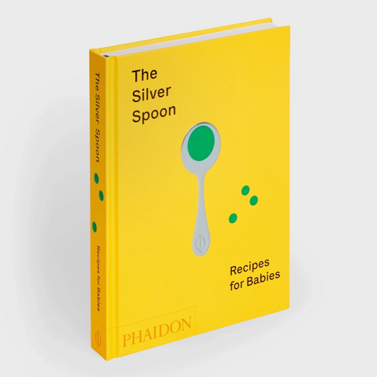 Yellow cover book titled The Silver Spoon Recipe for Babies.