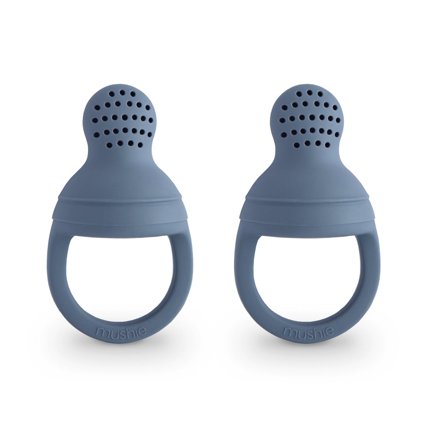 Two blue silicone baby teething rings on a white background