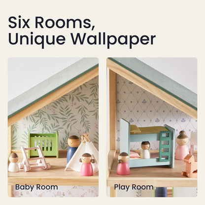Model house with different rooms and wallpaper designs, labeled 'Baby Room' and 'Play Room'.