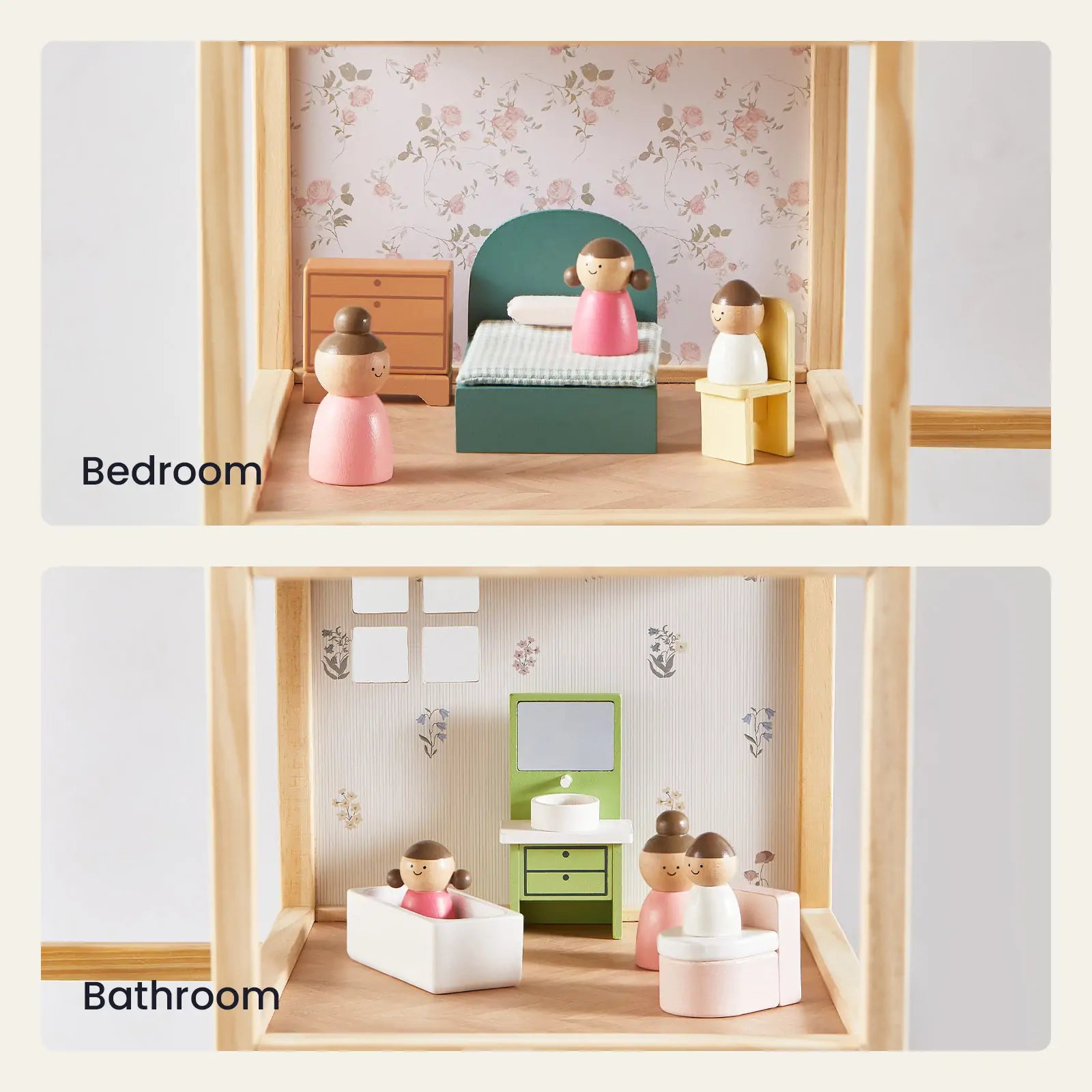 Two sections of a dollhouse with furniture and dolls, labeled 'Bedroom' and 'Bathroom'.