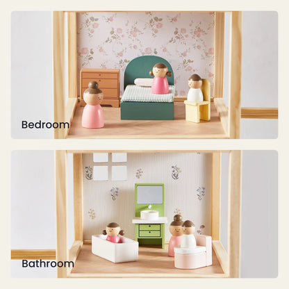 Two sections of a dollhouse with furniture and dolls, labeled 'Bedroom' and 'Bathroom'.