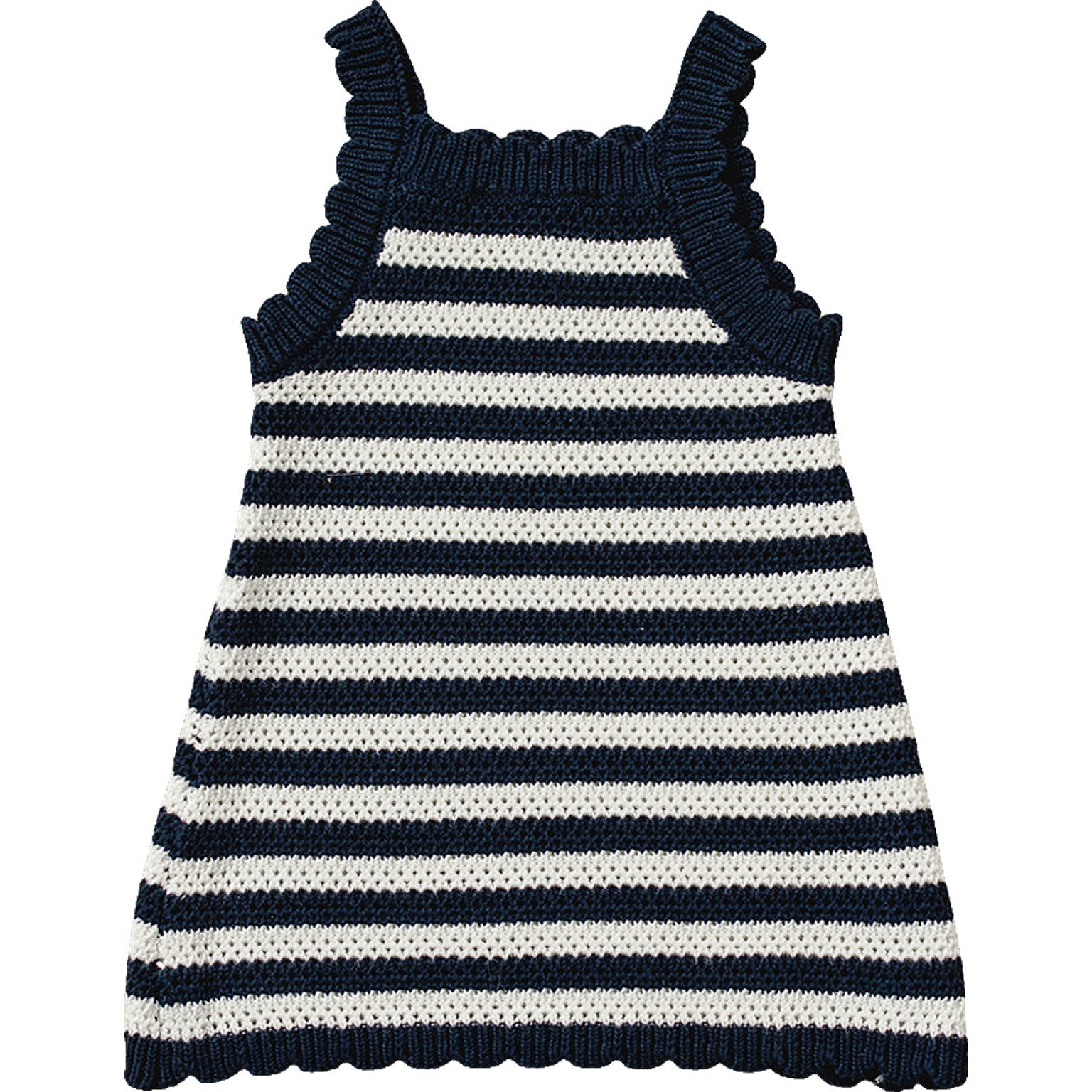 Navy and white striped dress with ruffled neckline on a white background