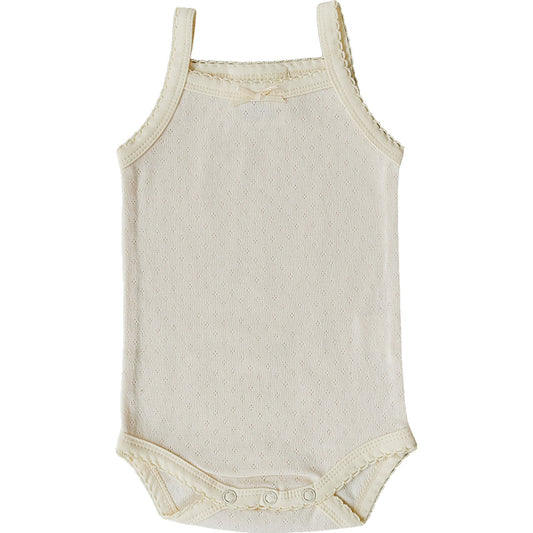 Beige baby bodysuit with lace trim on straps against a white background