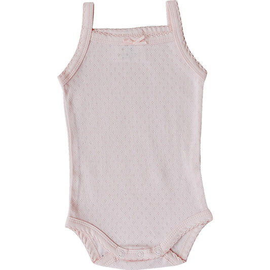Pink baby bodysuit with thin straps on a white background