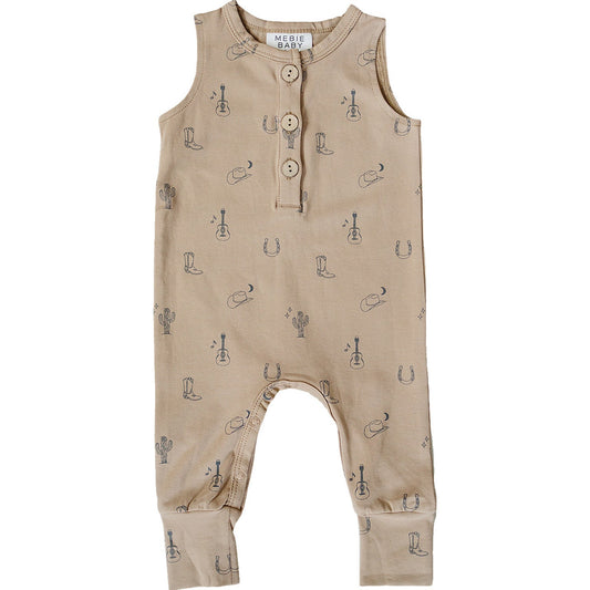 Beige baby romper with printed design on a white background