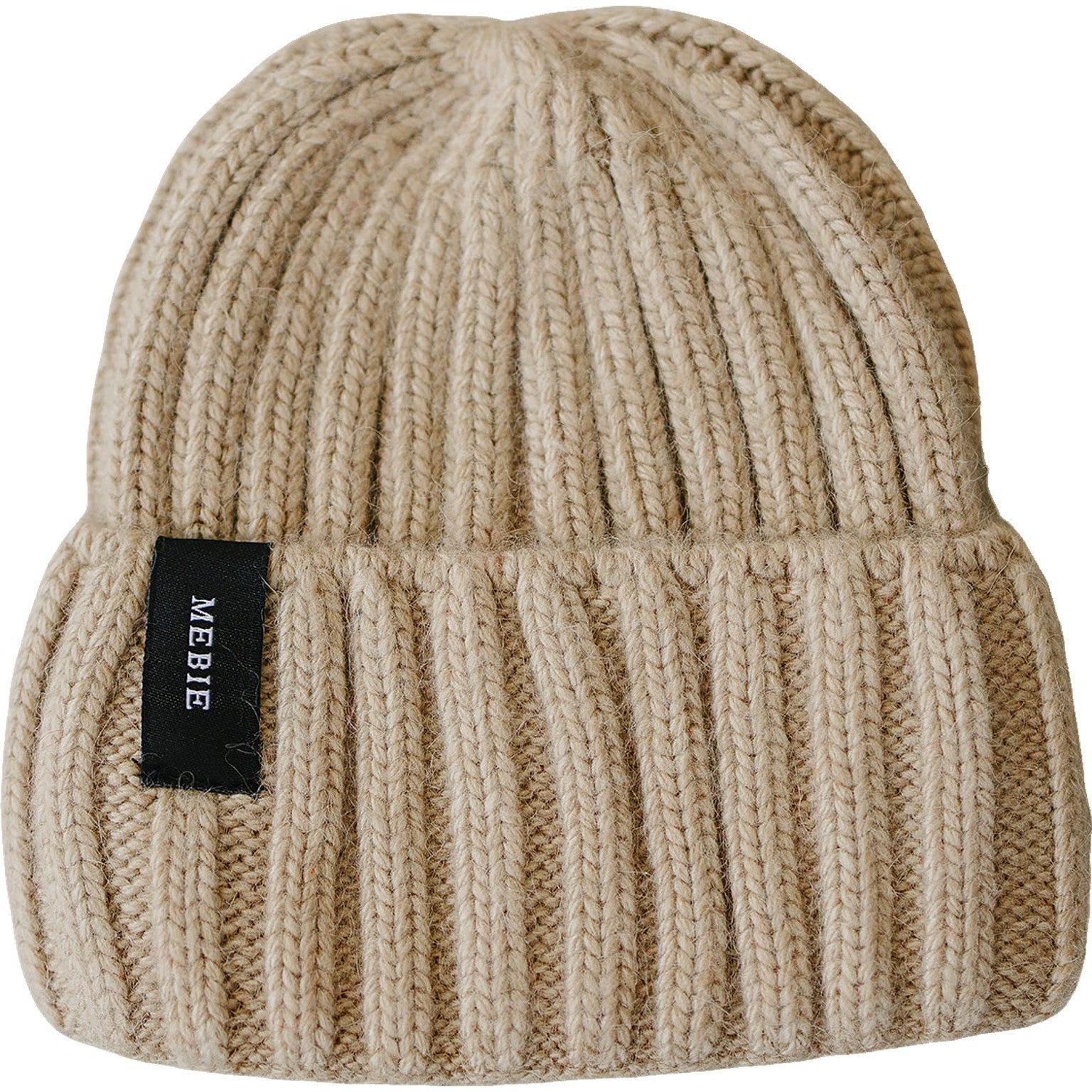 Beige knit beanie with a black label on a white background