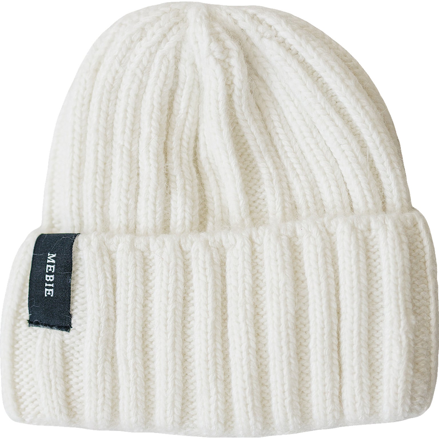 White knit beanie with a visible brand label on a white background