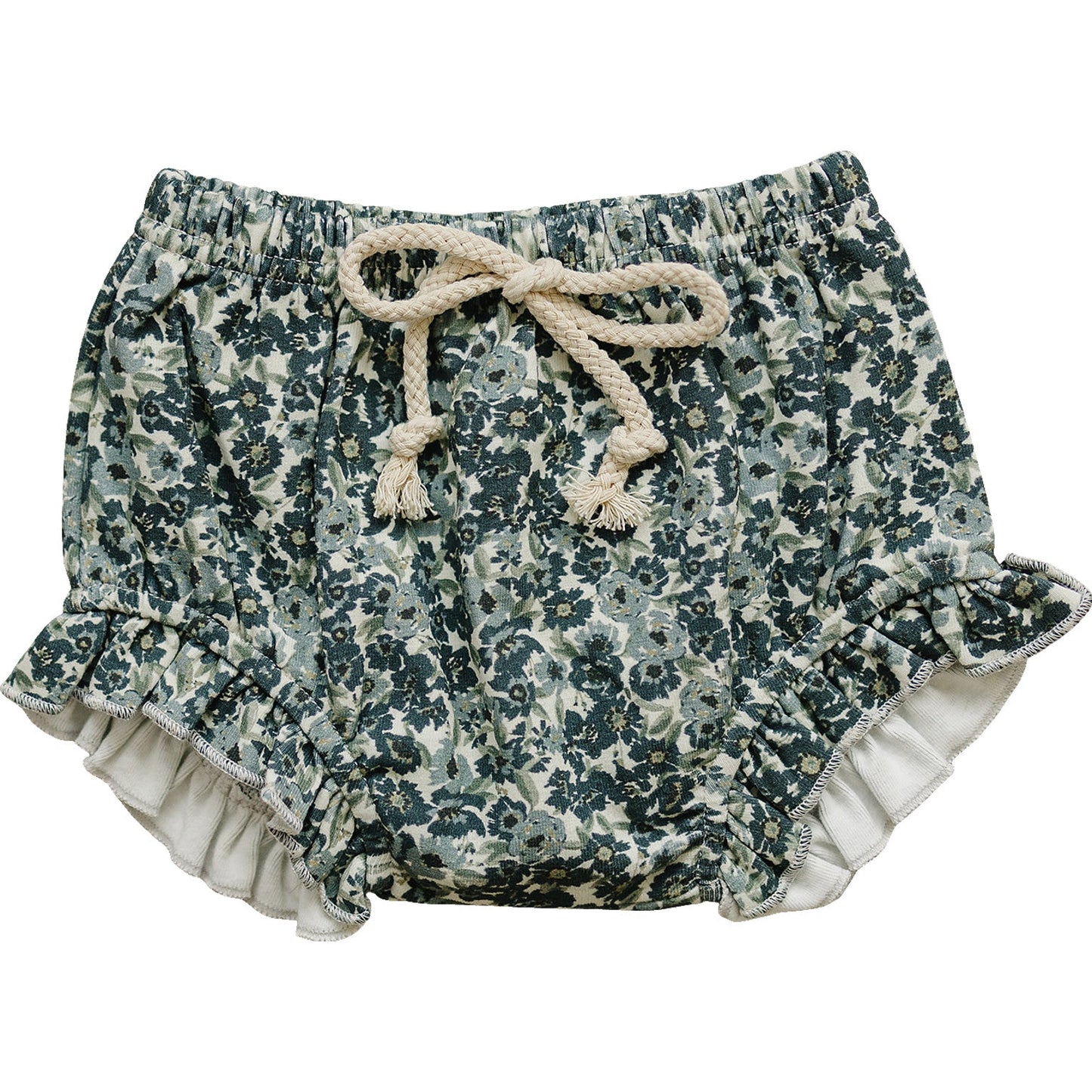 Floral patterned shorts with ruffles on a white background