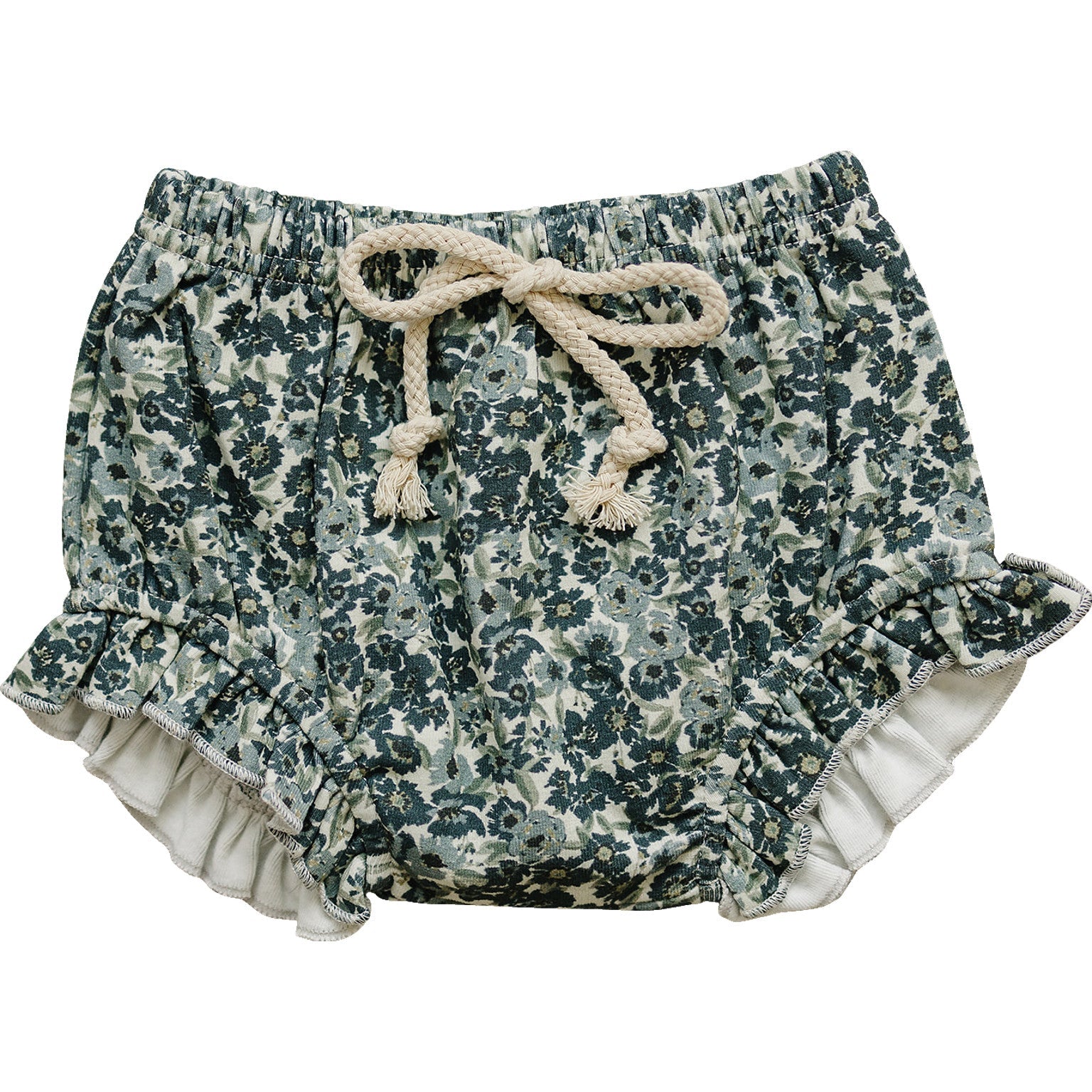 Floral patterned shorts with ruffles on a white background