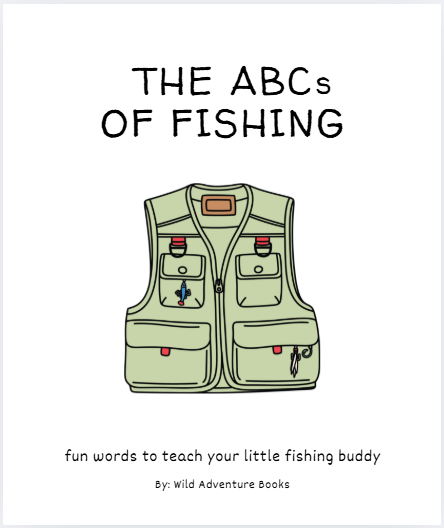 Book cover of 'The ABCs of Fishing' with a fishing vest illustration on a white background.