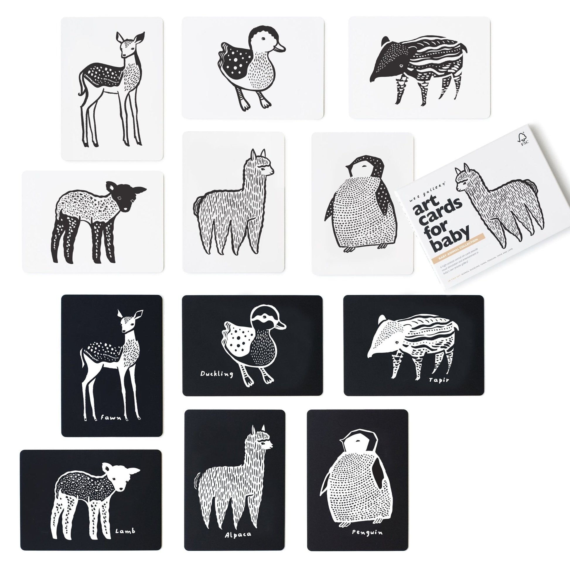Set of black and white animal illustration cards on a white background