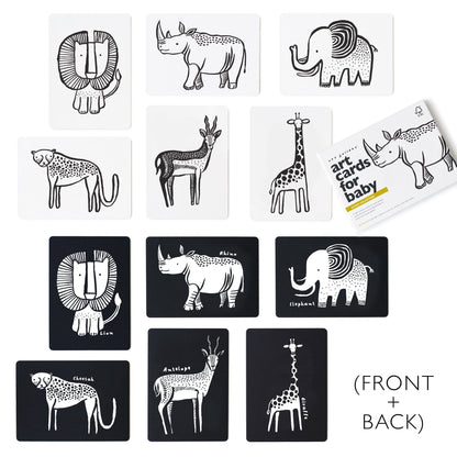 Set of black and white animal illustration cards for babies, showing front and back designs.