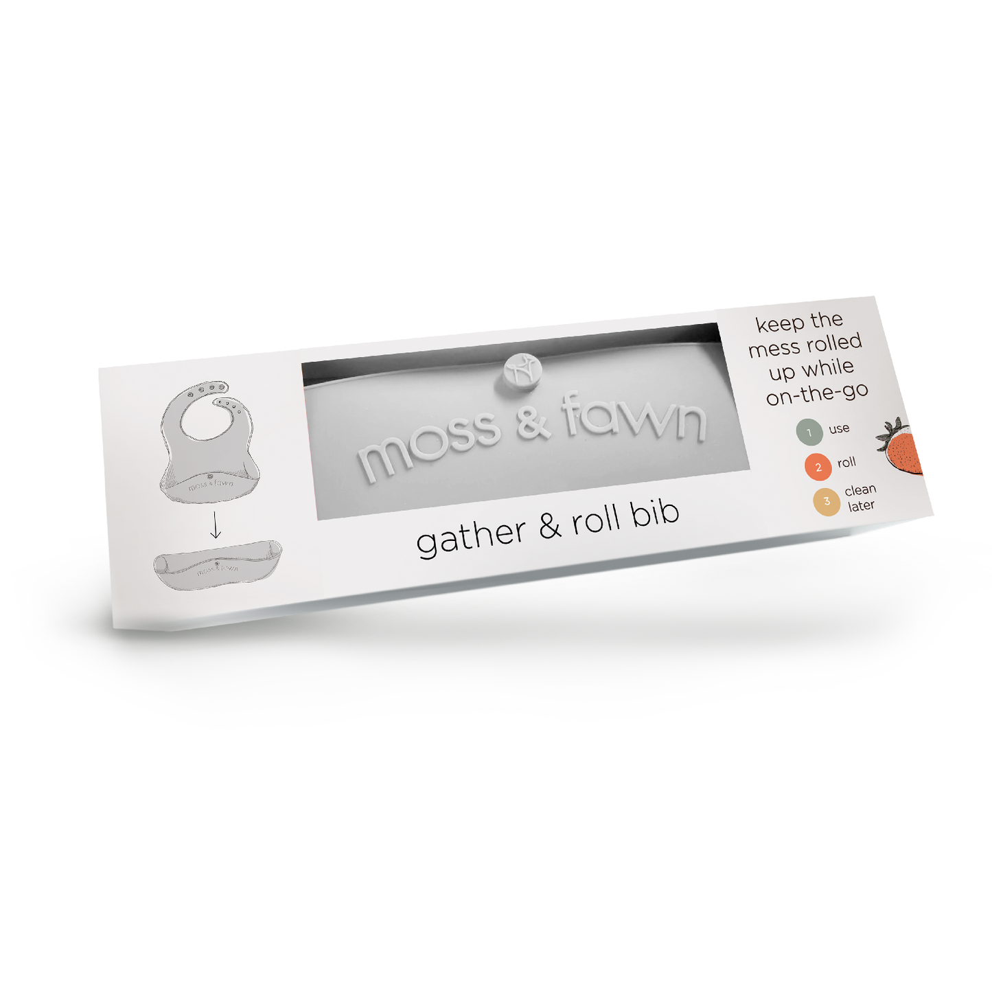 Moss & Fawn gather & roll bib packaging on a white background
