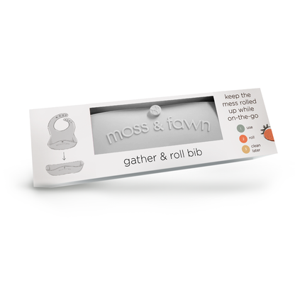 Moss & Fawn gather & roll bib packaging on a white background