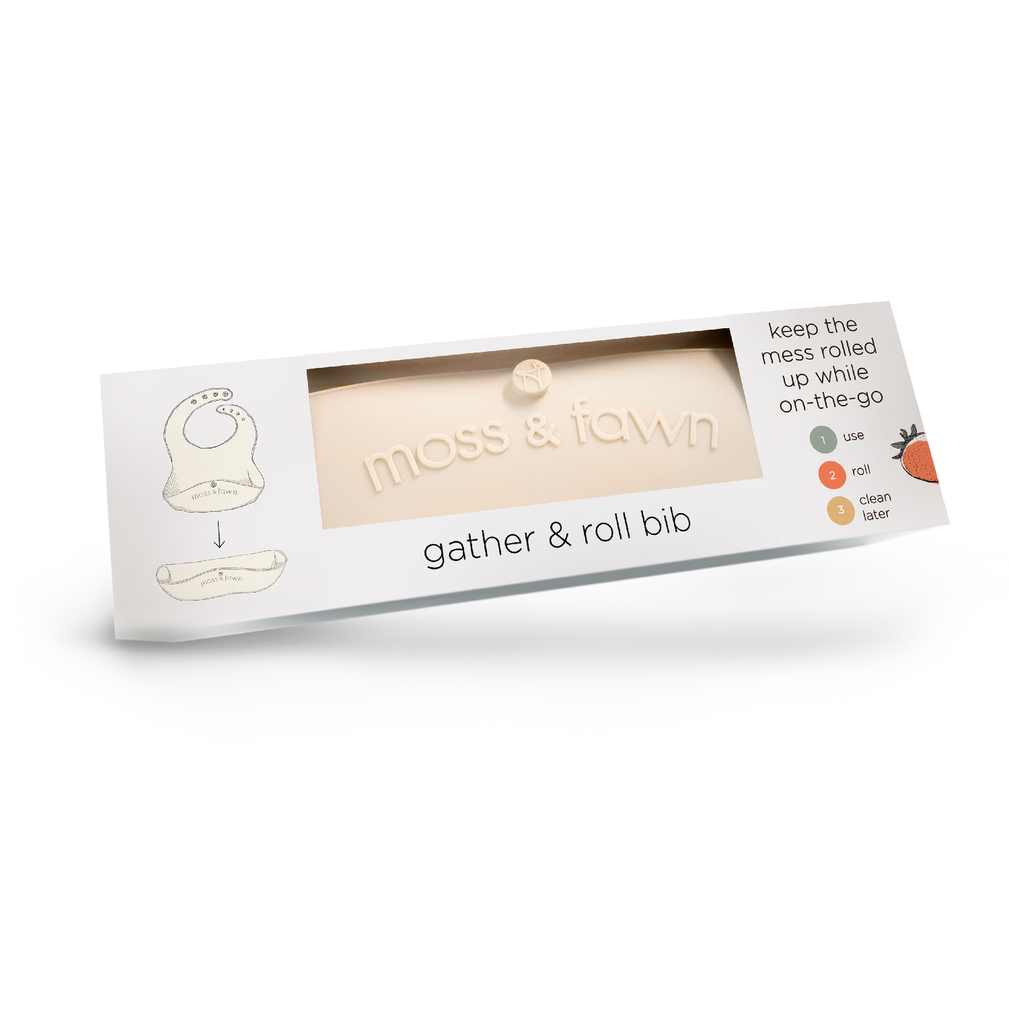 Package of 'gather & roll bib' by moss & twine on a white background