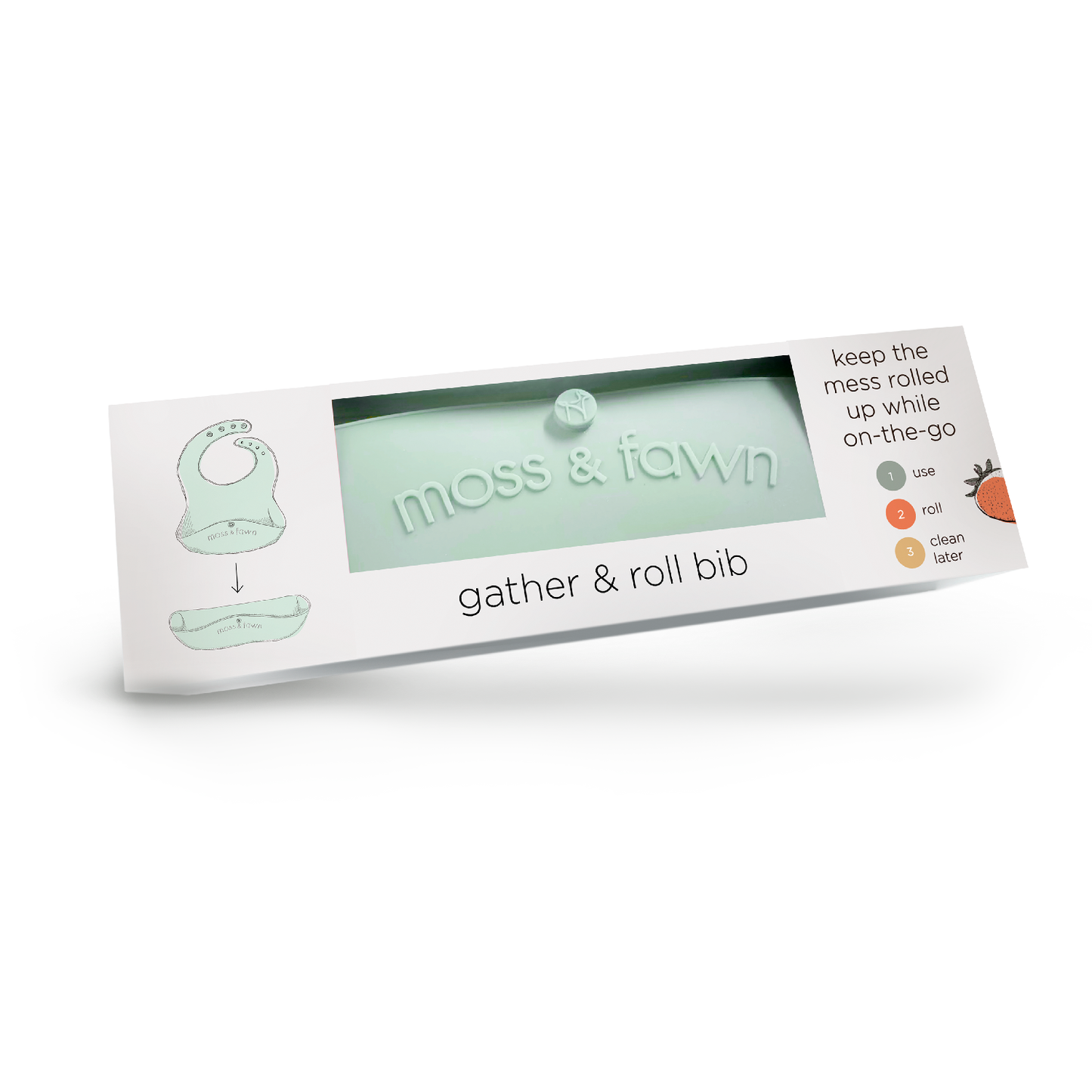 Moss & Fawn gather & roll bib packaging on a white background