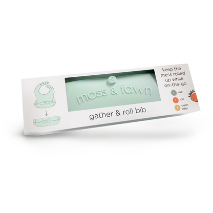 Moss & Fawn gather & roll bib packaging on a white background