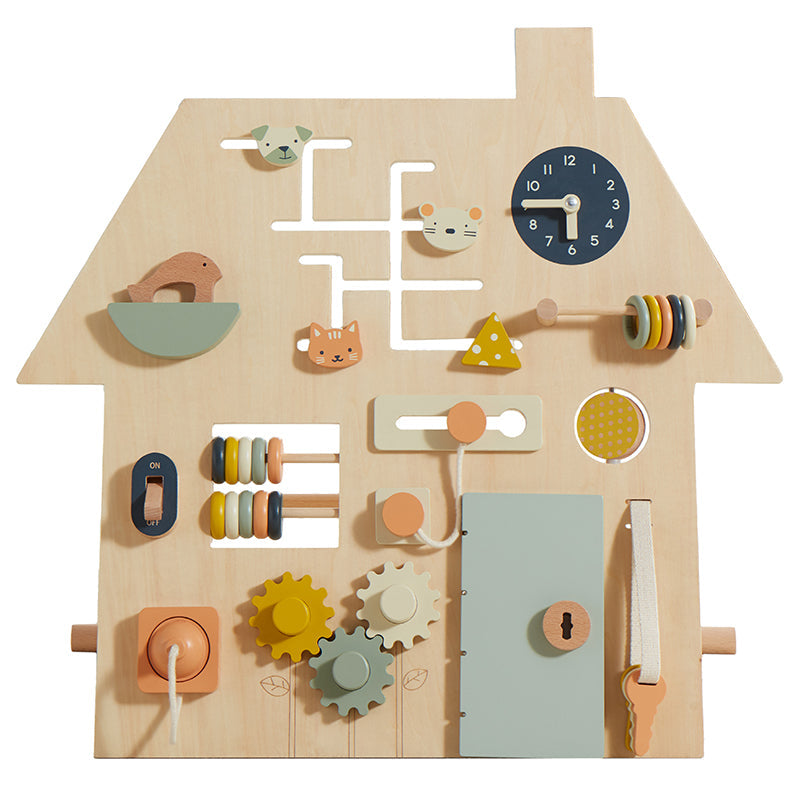 Wooden toy with various educational elements on a white background