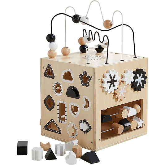 Wooden shape sorting toy with beads and geometric shapes on a white background
