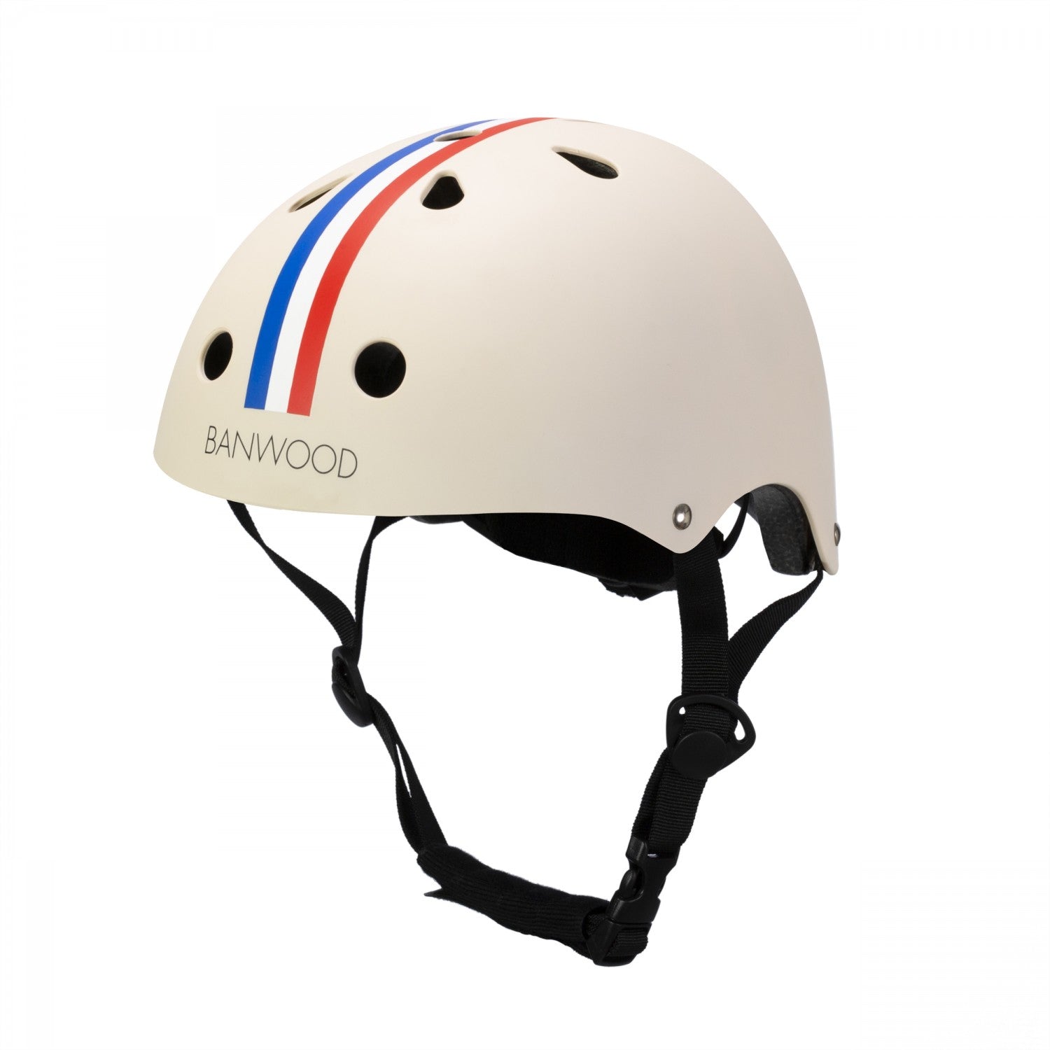 Beige helmet with black straps and red, white, and blue stripes on a white background