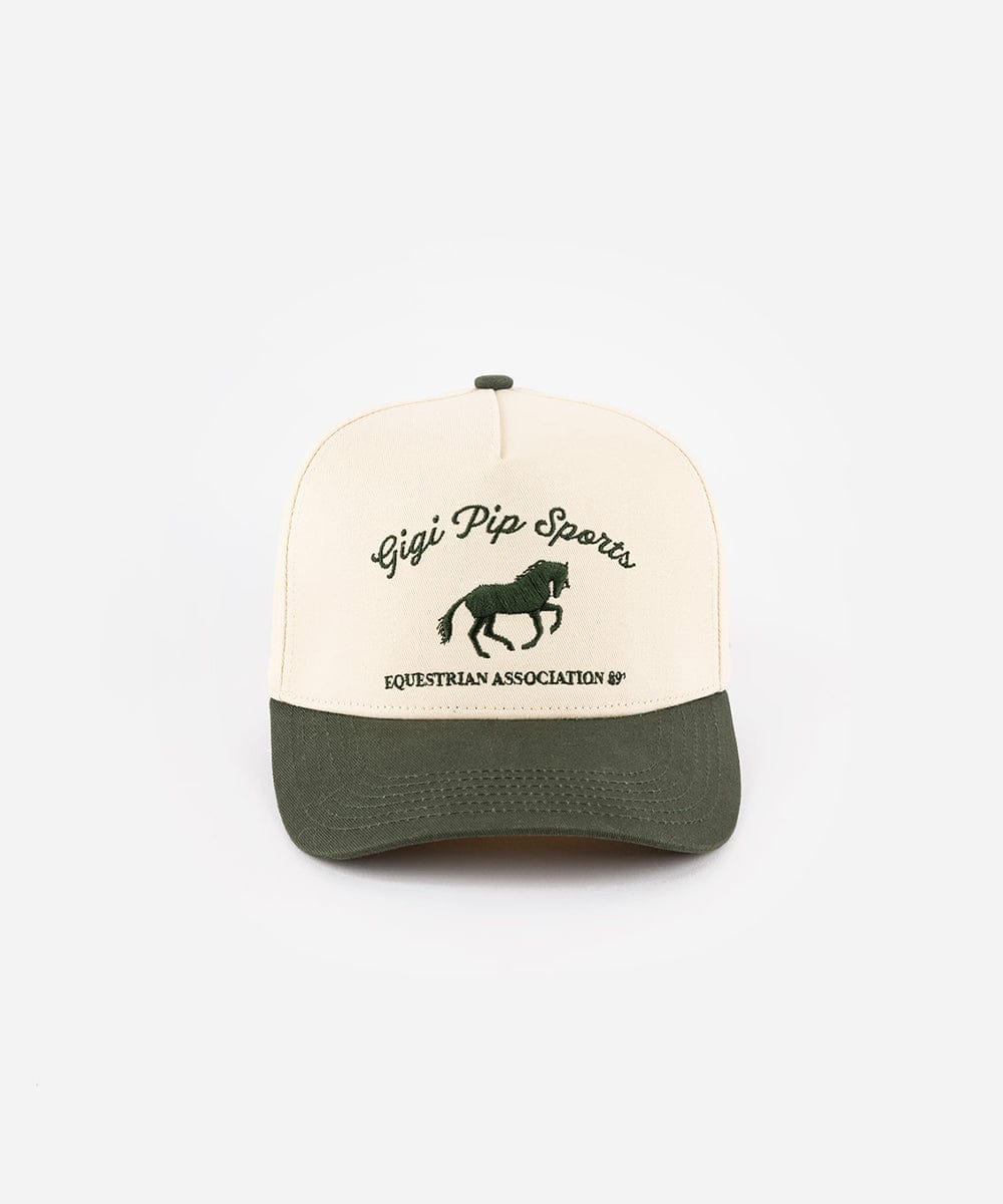 Trucker hat with horse logo and text on a white background