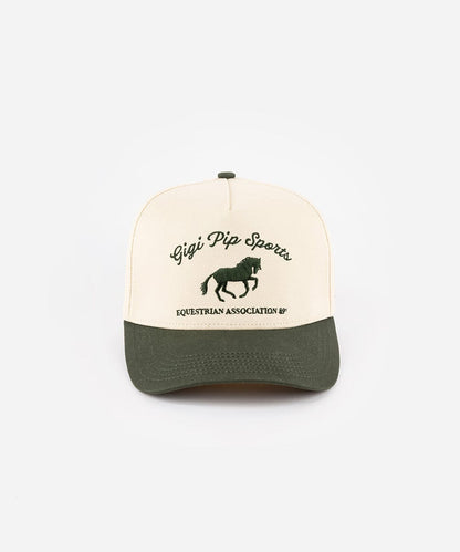 Trucker hat with horse logo and text on a white background
