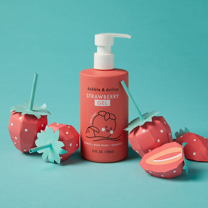 Red bottle of strawberry gel with strawberry-shaped packaging on a teal background