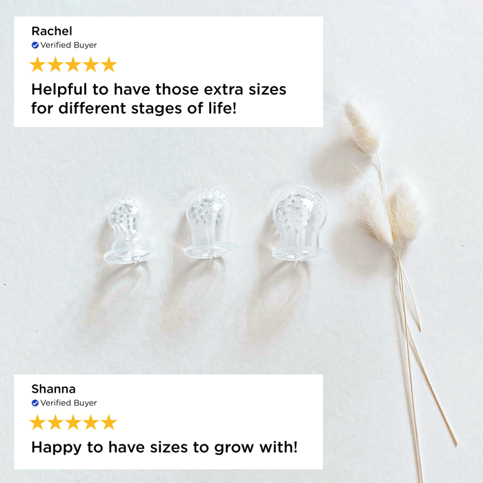 Clear glass cups on a white surface with customer reviews displayed.